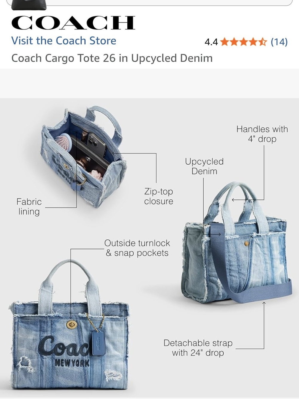 Coach Denim Cargo Tote Upcycled In A Love Denim Size 26 New Without Tags. - Picture 5 of 16